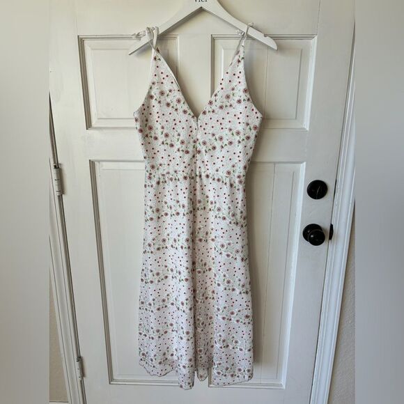 New Dress the Population White Sunny Floral Ruched V-Neck Midi Sundress - Picture 3 of 4